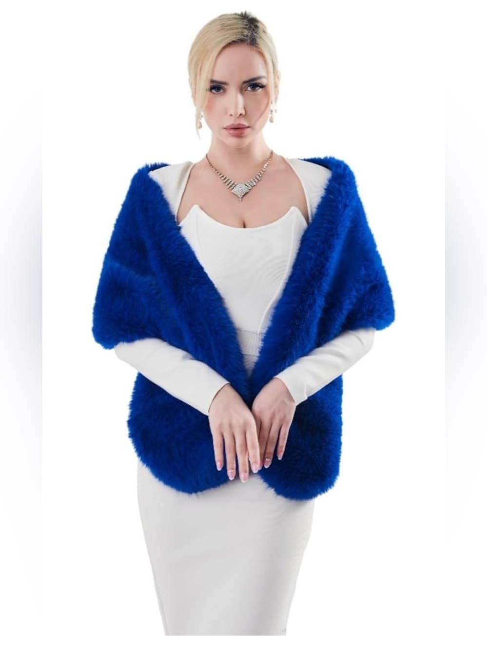 AMTFBY Women's Faux Fur Wrap Cross Shawl Evening Blue Cape New FAST SHIPPING